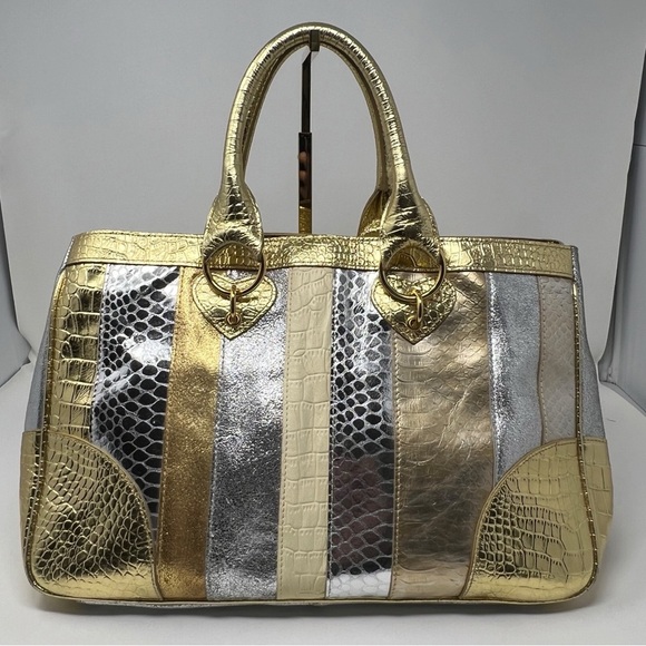 BEVERLY FELDMAN Shoulder Bag Satchel Gold / Silver Leather handbag - Picture 14 of 16